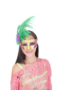 beautiful woman in carnival mask isolated on white background