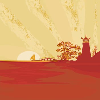 old paper with  abstract Asian Landscape