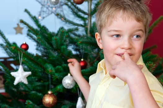 boy is decorating a christmas tree