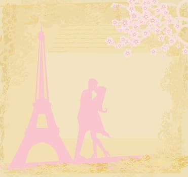 Romantic couple in Paris kissing near the Eiffel Tower Retro card
