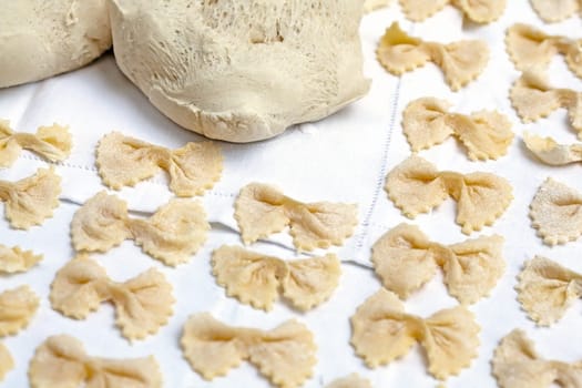 Raw handmade pasta in shape of bow tie over a white table cloth. Traditional italian cuisine.