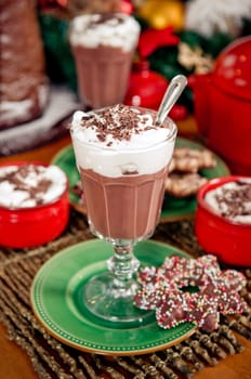 Delicious hot chocolate with cookies and decoration