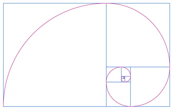 Fibonacci Spiral in Golden Ratio - Blue Red on White