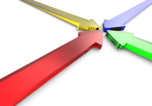 Four colorful 3D arrows made of glass to center 5