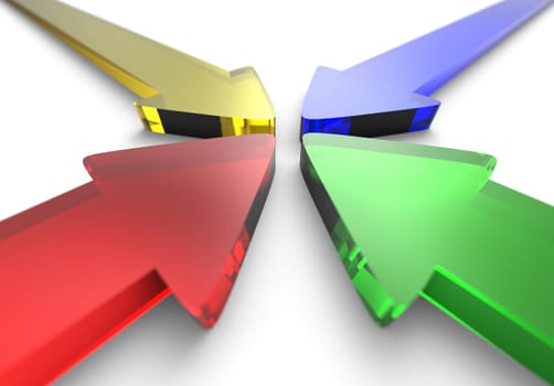 Four colorful 3D arrows made of glass to the center 1