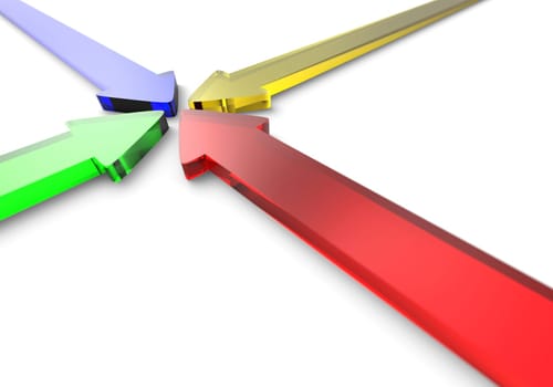 Four colorful 3D arrows made of glass to center 2