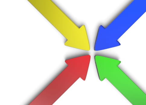 Four colorful 3D arrows made of glass to center 4