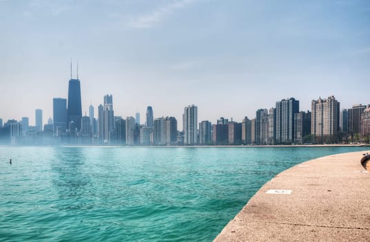 Chicago with mist over lake Michigan.