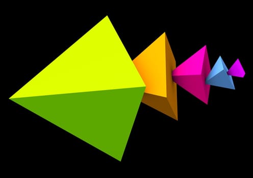 Abstract colorful pyramids on the black background.