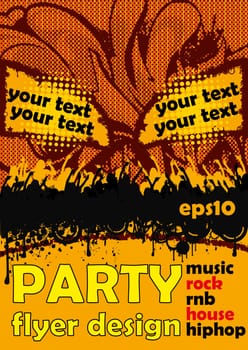 Flyer party design with orange colors and party people.