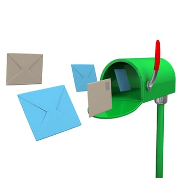 Green mailbox with letters on the white background.