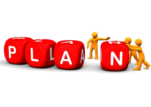 Orange cartoon characters slides red cubes with the text "plan""."