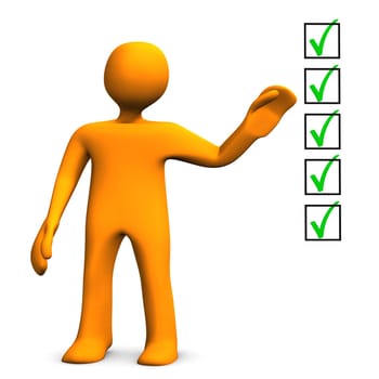 Orange cartoon character with checklist on the white background.