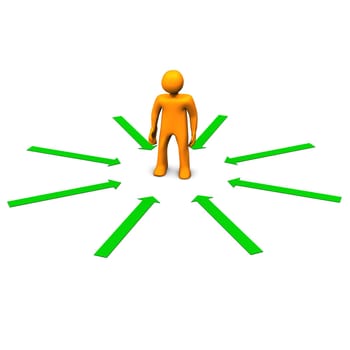 Orange cartoon character with green arrows. White background.