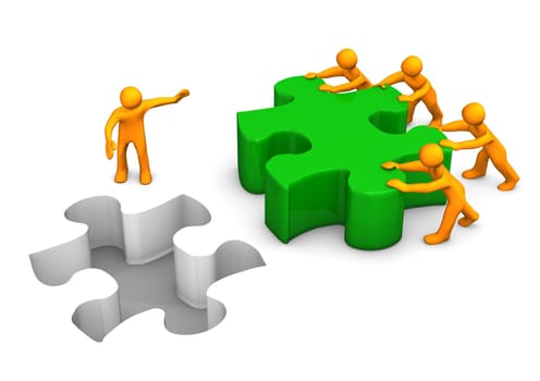 Orange cartoon characters slides a big green puzzle.