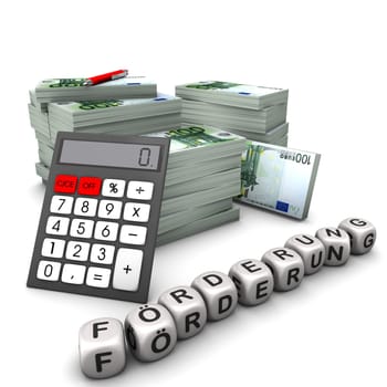 Euro bills with a calculator and dice with the text "Federation"". White background."