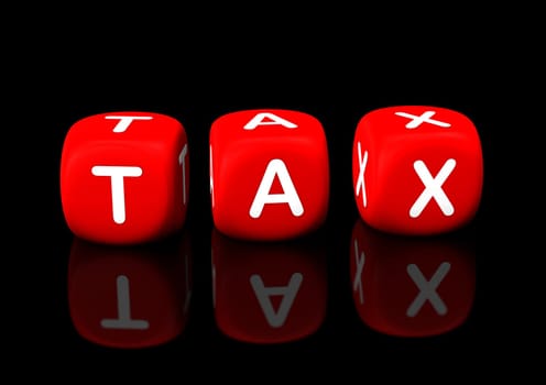 Red cubes with the text "tax"". Black background."