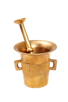 Metallic mortar with a pestle isolated on white
