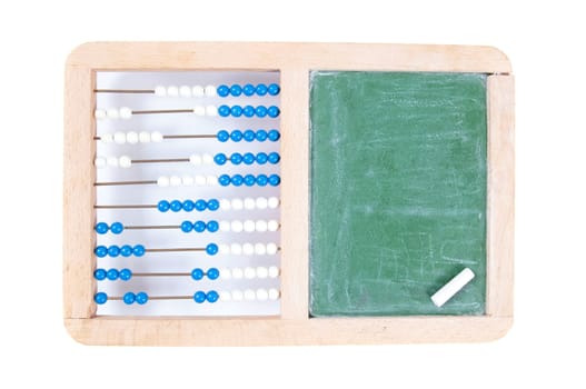 Wooden toy abacus with blank chalkboard on a white background