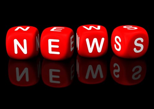 Red cubes with the text "news"" on the black background."