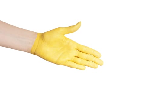 a yellow painted hand in handshake gesture