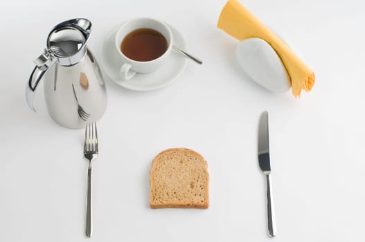 Breakfast table with thermos cup and white china