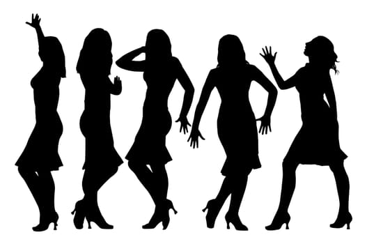 Five attractive beautiful girls posing. Isolated white background.
