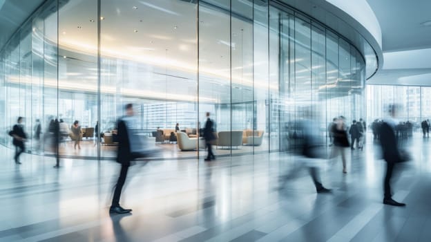 Business people rushing in office lobby with motion blur