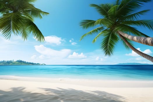 tropical beach view at sunny day with white sand, turquoise water and palm tree. Neural network generated image. Not based on any actual scene or pattern.