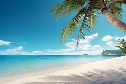 tropical beach view at sunny day with white sand, turquoise water and palm tree. Neural network generated image. Not based on any actual scene or pattern.