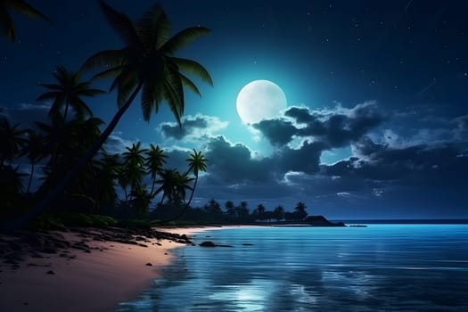 tropical beach view with white sand, turquoise water and palm tree at full moon night. Neural network generated photorealistic image. Not based on any actual scene or pattern.