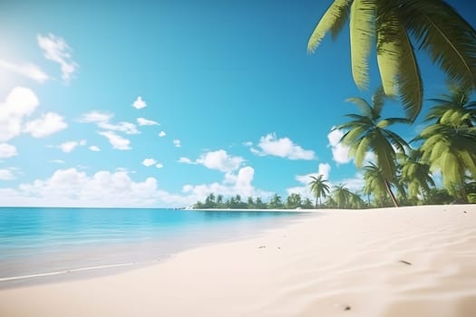 tropical beach view at sunny day with white sand, turquoise water and palm tree. Neural network generated image. Not based on any actual scene or pattern.