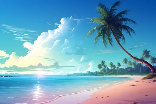 tropical beach view at sunny day with white sand, turquoise water and palm tree. Neural network generated image. Not based on any actual scene or pattern.