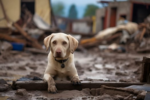 Alone wet and dirty Labrador Retriever after disaster on the background of house rubble. Neural network generated image. Not based on any actual scene.