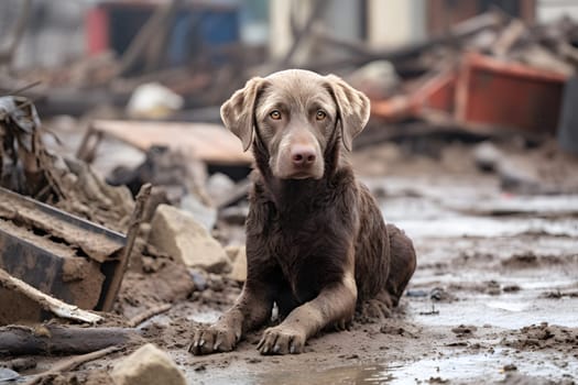 Alone wet and dirty Labrador Retriever after disaster on the background of house rubble. Neural network generated image. Not based on any actual scene.