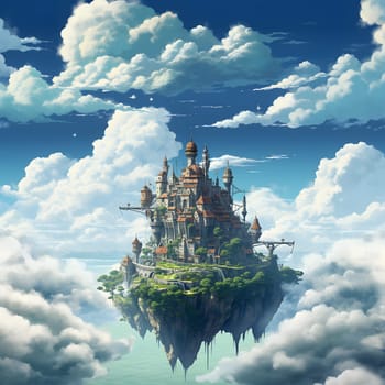 Unreal fantasy castle on island floating in the sky. Neural network generated image. Not based on any actual person or scene.