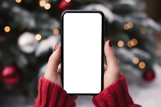 Woman's Hand in Red Gloves Holding Smartphone in Winter Forest with White Blank Screen: Advertising Mockup for Winter Campaign