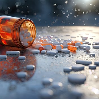 pills spilling out of an open prescription bottle on a table with water droplets scattered around it and the sun shining in the background