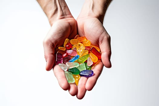 CBG Gummies. someone's hands holding a handful of gums in their left hand, on a white background with room for text