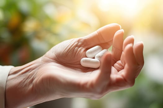 an older person's hand holding a white pills pill in the background is blurry green leaves and sunlight