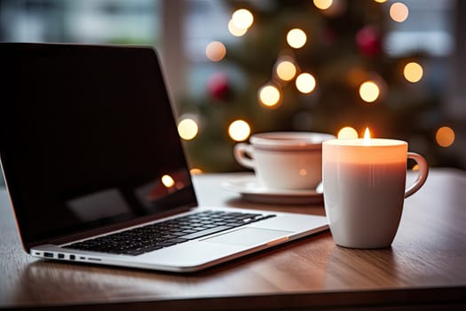 a laptop and coffee on a table with a christmas tree in the window behind it is lit by lights from outside