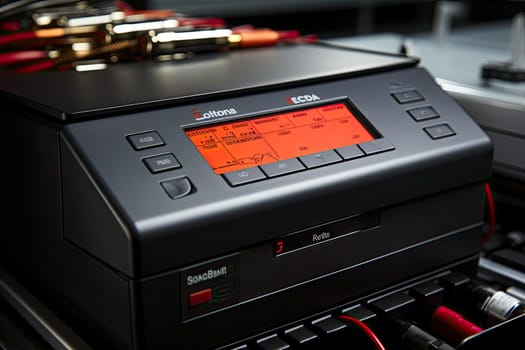 an electronic device that is sitting on top of a table with other electronics in the background and some wires running through it