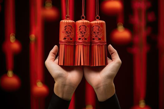 a person holding two bells in front of a red curtain with chinese lanterns hanging from the ceiling to the left