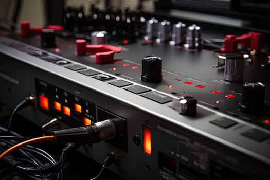 some electronic equipment that are on the table and in front of it is an orange cable connected to two red lights