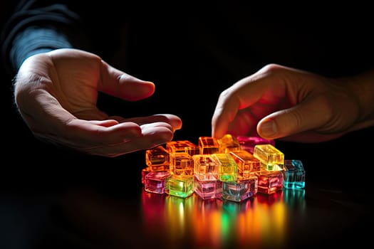CBG Gummies. two hands holding small pieces of glass with colored lights in the middle and one hand on top of the other