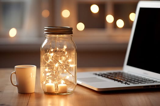 a glass jar with lights in it next to a laptop and coffee cup on a wooden table at night time