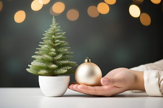 a person holding a small christmas tree in their hand, with lights on the other side of the table behind them