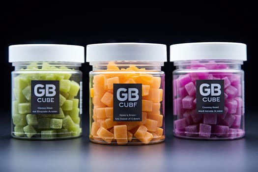 CBG Gummies. three jars filled with different types of gums and jelly beans on a black background, the jar is full of gums