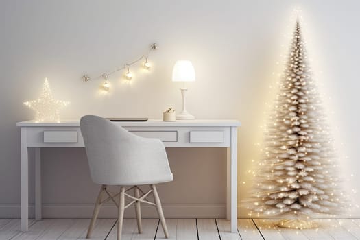 a white christmas tree in the corner of a room with a desk, chair and lamp 3d render illustration stock photo