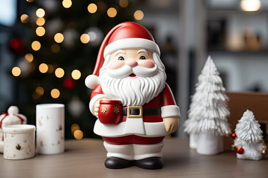 a santa claus fig on a table with christmas decorations and candles in the photo is blured by the background